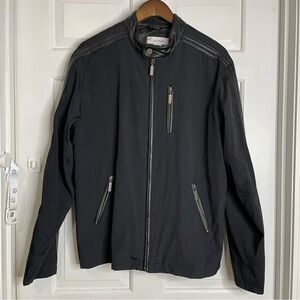 Calvin Klein Men's Black Nylon Leather Trim Jacket Coat Size Large Collarless